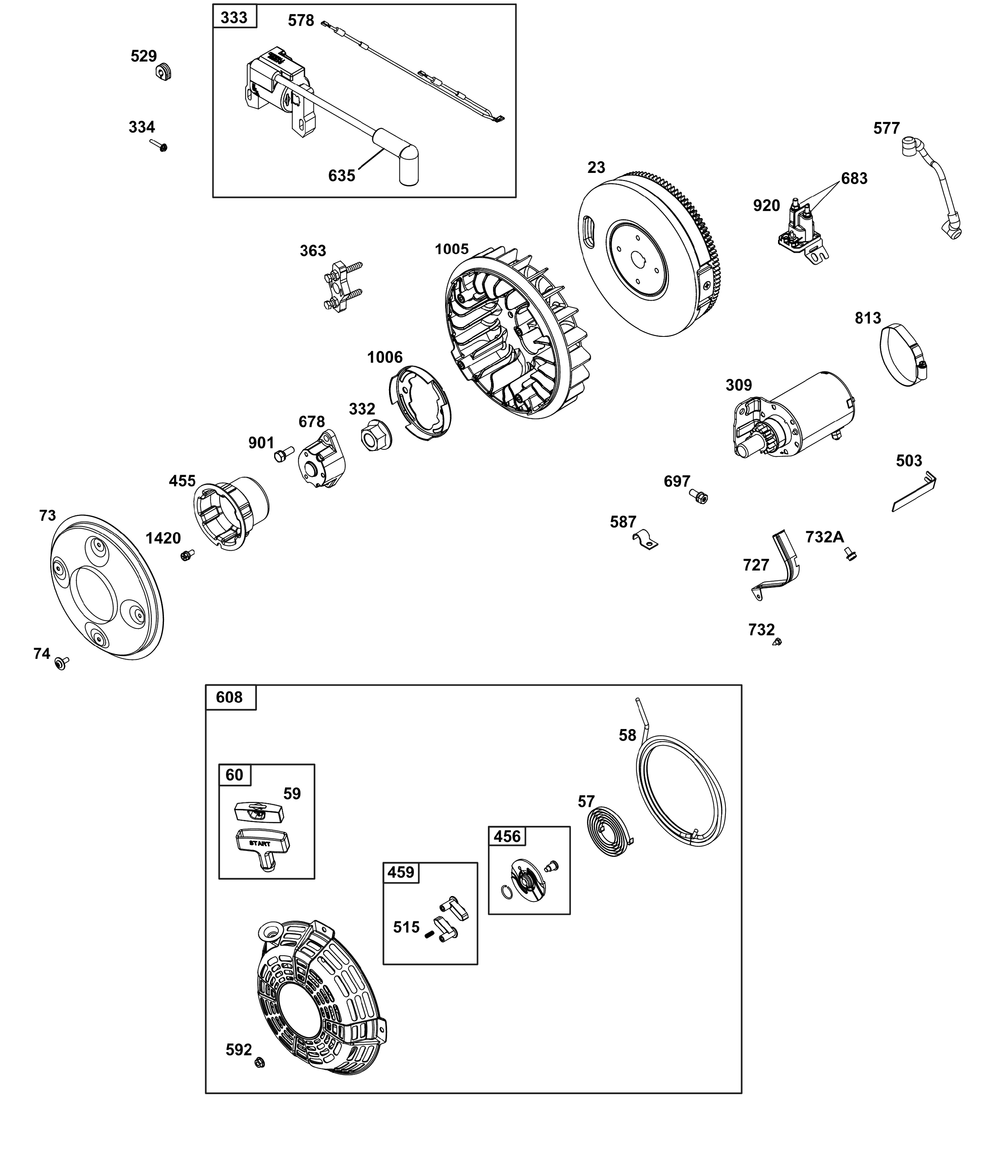 Flywheel, Ignition, And Starter Group Diagram and Parts List for 386447-0114-B5 200000 - 399999 Briggs and Stratton Engine